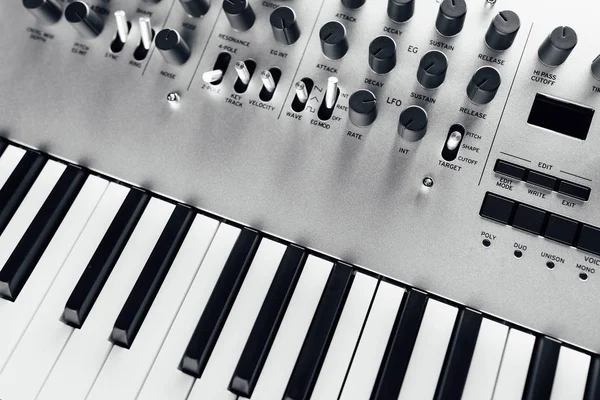 stock image metallic analog synthesizer, close-up view