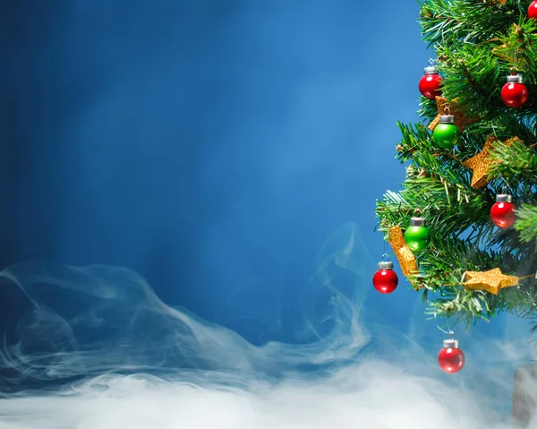 Christmas Tree Part Ice Fog Blue Background — Stock Photo, Image