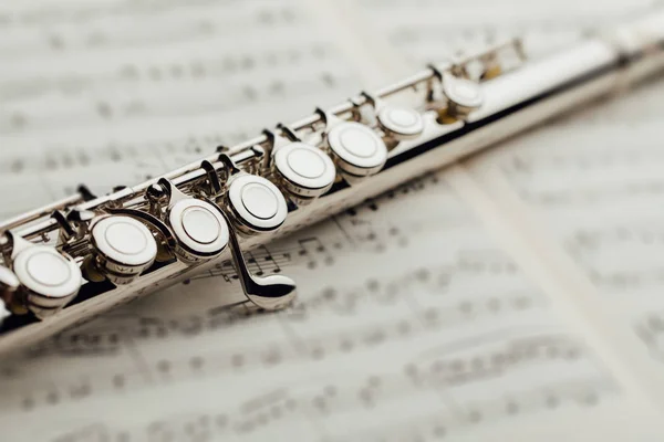 Flauta Transversal Folha Música — Fotografia de Stock