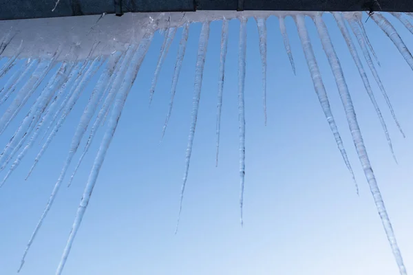 Icicles on blue sunset sky background — Stock Photo, Image