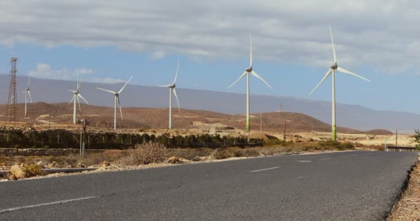 Parque Eólico Eléctrico Carretera Asfaltada Día Soleado — Vídeo de stock