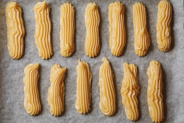 Massa de choux de eclairs crus na assadeira — Fotografia de Stock