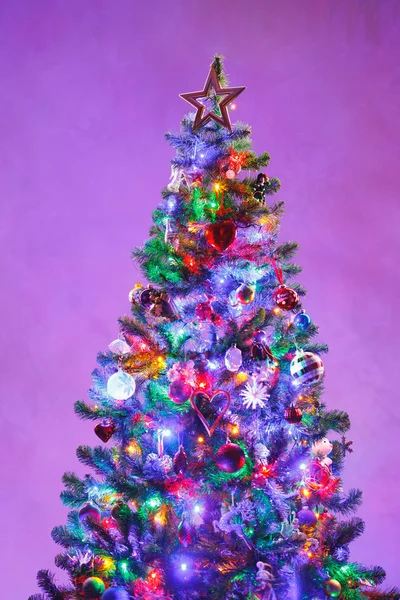 Árvore de Natal com luzes led multicoloridas e fundo roxo — Fotografia de Stock