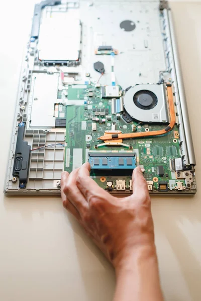 Hand des Reparateurs mit einem Rammsodimm-Speichermodul, Laptop-Upgrade — Stockfoto