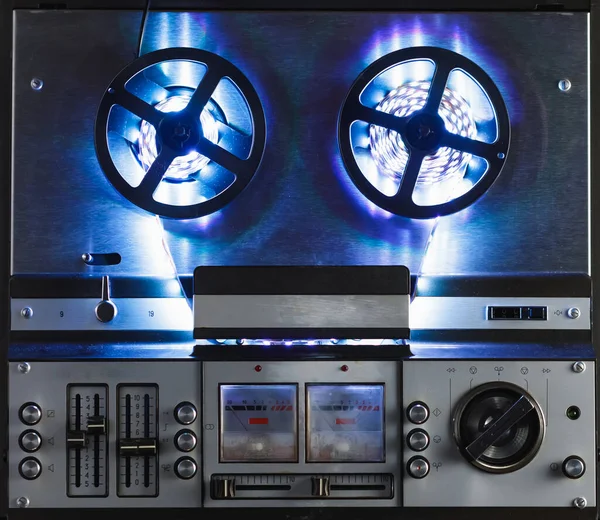 Reel Reel Audio Tape Recorder Blue Led Light Strip — Stock Photo, Image