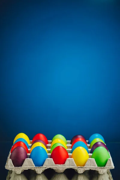 Easter Festive Multicolor Eggs Carton Blue Background Copy Space — Stock Photo, Image