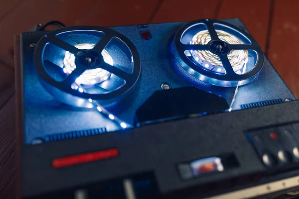 Reel Reel Audio Tape Recorder Blue Led Light Strip — Stock Photo, Image