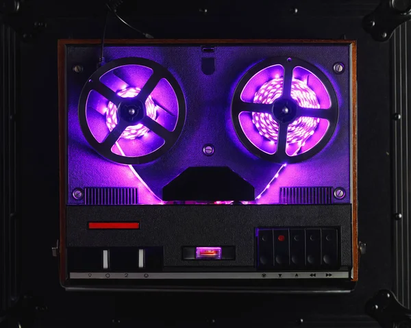 Reel Reel Audio Tape Recorder Purple Led Light Strip Meter — Stock Photo, Image