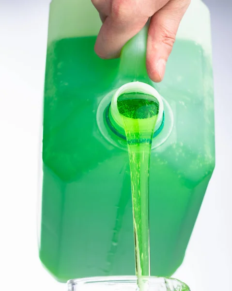 Liquid Soap Plastic Bottle Pouring Hand — Stock Photo, Image