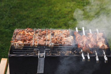 Brazier 'da ızgara et, duman, yeşil çimen arka planda