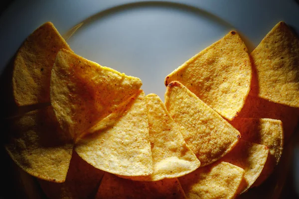 Mexikanische Nachos Tortilla Chips Auf Teller Nahaufnahme — Stockfoto