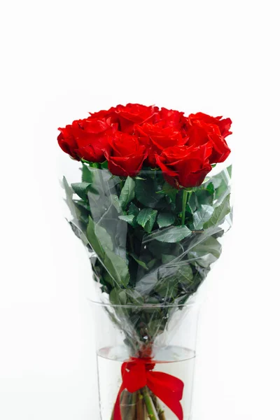 Red Roses Bouquet Vase White Background Close View — Stock Photo, Image