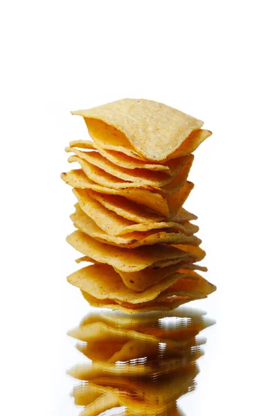 Mexikanska Nachos Tortilla Chips Stack Isolerad Vit — Stockfoto
