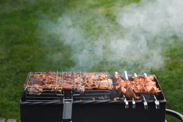 Grill Barbecue Meat Brazier Smoke Green Grass Background — Stock Photo, Image