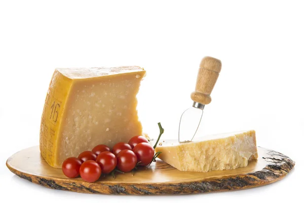 Parmesan Cheese Parmigiano Reggiano Cherry Tomatoes Basil Leaves Isolated White — Stock Photo, Image