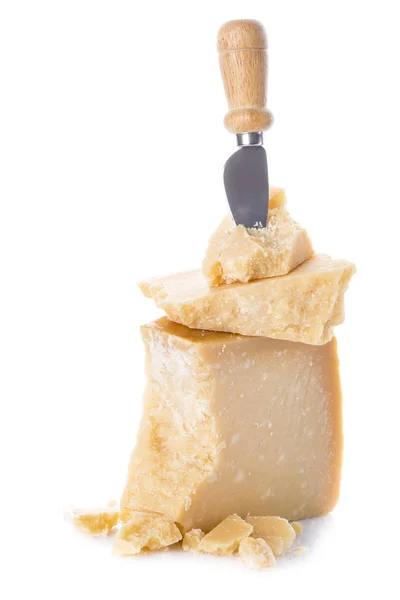 Věku Parmezán Sýr Nebo Sýr Parmigiano Reggiano Izolovaných Bílém Pozadí — Stock fotografie