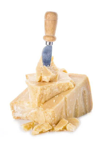Queso Parmesano Envejecido Parmigiano Reggiano Aislado Sobre Fondo Blanco — Foto de Stock