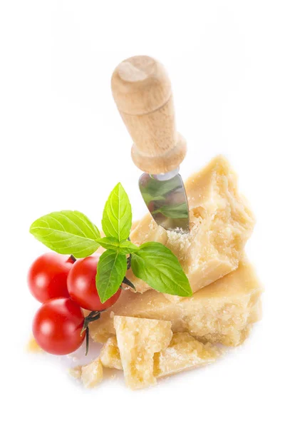 Parmesan Cheese Parmigiano Reggiano Cherry Tomatoes Basil Leaves Isolated White — Stock Photo, Image