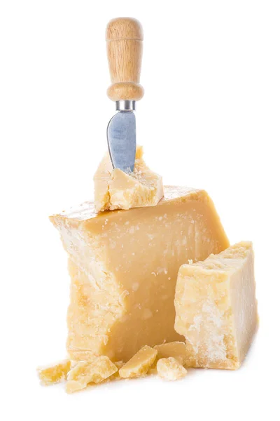 Věku Parmezán Sýr Nebo Sýr Parmigiano Reggiano Izolovaných Bílém Pozadí — Stock fotografie