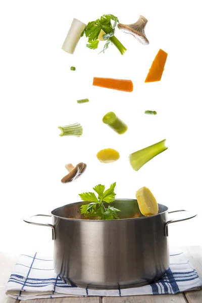 Fresh Vegetables Cook Soup Falling Pot Isolated White Background — Stock Photo, Image