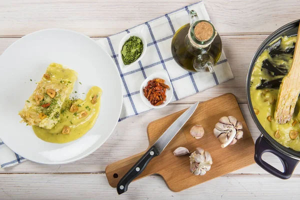 Bacalhau Salgado Molho Pilpil Receita Típica Espanhola — Fotografia de Stock