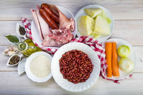 Raw and fresh ingredients for cooking a traditional Portuguese feijoada — Stock Image Raw Fresh Ingredients Cooking Traditional Portuguese Feijoada Royalty Free Stock Photos