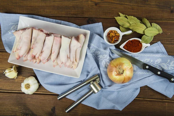 Raw Freesh Crubeens Pig Trotters Some Ingredients Cook — Stock Photo, Image