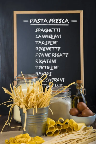 Assortment Homemade Fresh Egg Pasta Blackboard Background — Stock Photo, Image