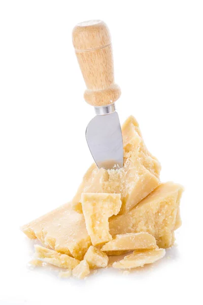 Ηλικίας Παρμεζάνα Τυρί Parmigiano Reggiano Απομονωθεί Λευκό Φόντο — Φωτογραφία Αρχείου