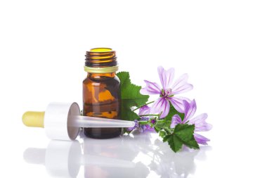 Dropper bottle with mallow malva extract or essential oil isolated on a white background clipart