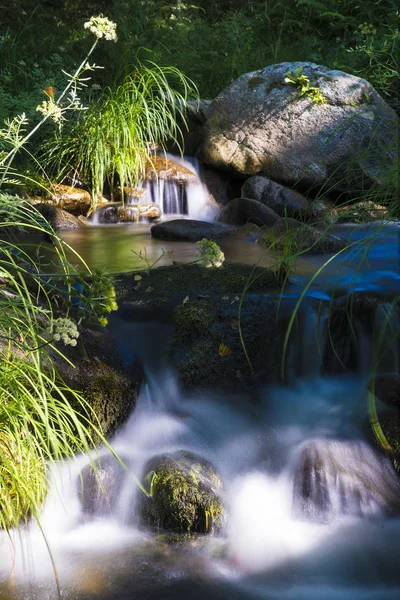 Paisaje Relajante Río Con Agua Fluyendo Entre Las Piedras Haciendo — Foto de Stock