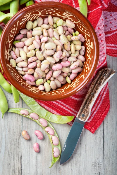 Conseguir Frijoles Sus Vainas Prepararlos Para Cocinar Cocina — Foto de Stock