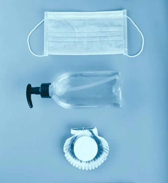 Face Mask Hydroalcoholic Gel Soap Protect Againts Covid Coronavirus Blue — Stock Photo, Image