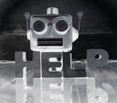 Robot talking kafa tek kelime yardım yansıması ile ahşap bir zemin üzerinde renkli