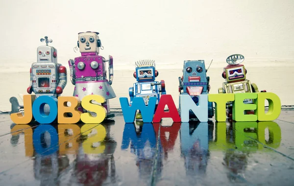 Words Jobs Wanted Wooden Letters Robot Toys Wooden Floor Reflection — Stock Photo, Image