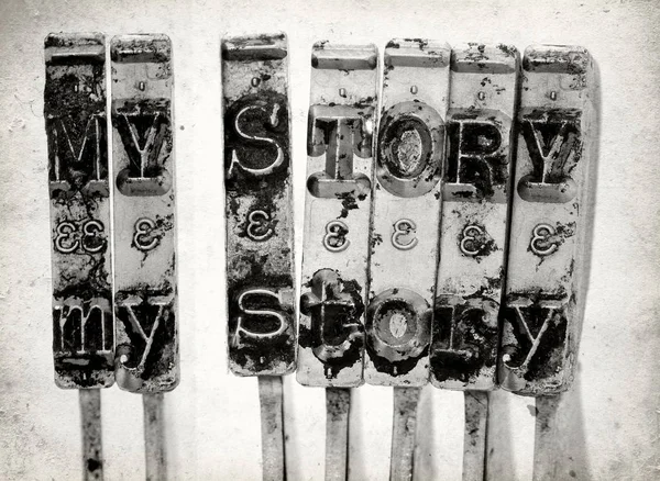 Words Story Old Typewriter Hammers Macro Image Old Paper — Stock Photo, Image