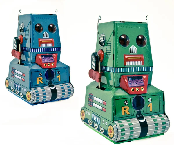 Zwei Retro Dose Bots Auf Weiß — Stockfoto