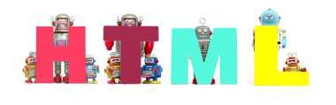 word Html beyaz afiş izole Retro Teneke robot oyuncak dur