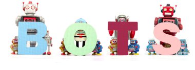 kelime üzerinde beyaz izole botlar Retro Teneke robot oyuncak dur