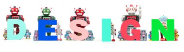 kelime üzerinde beyaz izole Dedign Retro Teneke robot oyuncak dur 