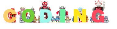 Beyaz kelime kodlama izole Retro Teneke robot oyuncak dur