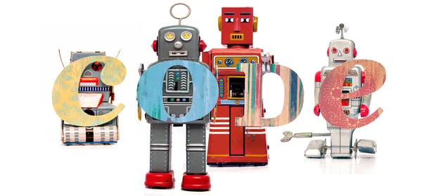 Retro Tin Robot Speelgoed Houden Het Woord Code Geïsoleerd Wit — Stockfoto