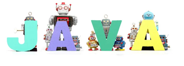 Giocattoli Retrò Robot Latta Reggono Parola Java Isolato Sul Banner — Foto Stock
