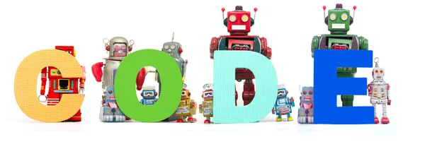 Retro Roboterspielzeug Aus Blech Hält Das Wort Code Isoliert Auf — Stockfoto