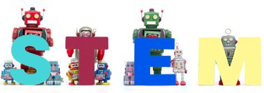 Retro Teneke robot oyuncaklar kadar kısaltma kök solated beyaz üzerinde tutun.
