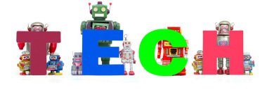 kelime üzerinde beyaz izole Tech Retro Teneke robot oyuncak dur 