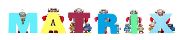 Retro Robot Cyny Zabawki Pomieścić Słowo Matrix Białym Tle — Zdjęcie stockowe