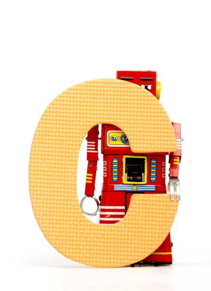 Písmeno Držení Retro Robot Hračky — Stock fotografie