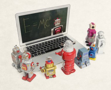Retro robotlar izole matematik öğrenmek için bir dizüstü bilgisayar toplamak 