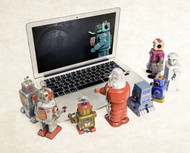 Retro robotlar izole öğrenmek için bir dizüstü bilgisayar toplamak